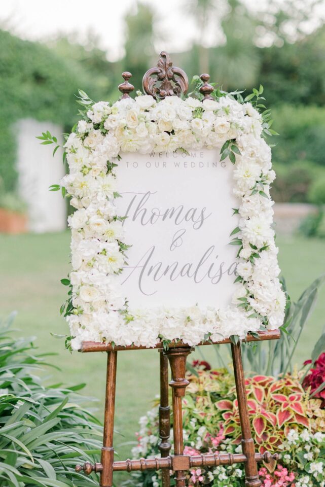 Wedding sign with white flowers